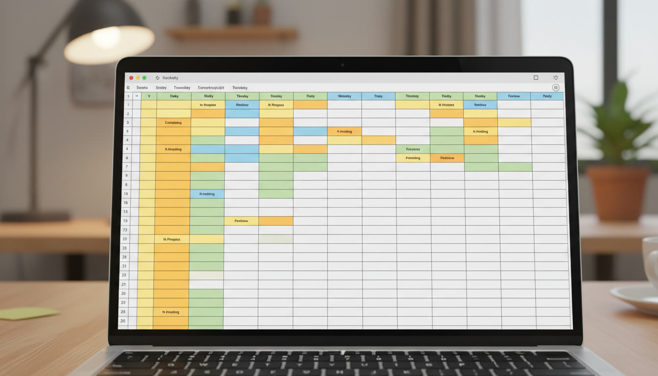 Photo Idea : Close-up of a laptop screen showing a weekly research log spreadsheet with colored cells for status