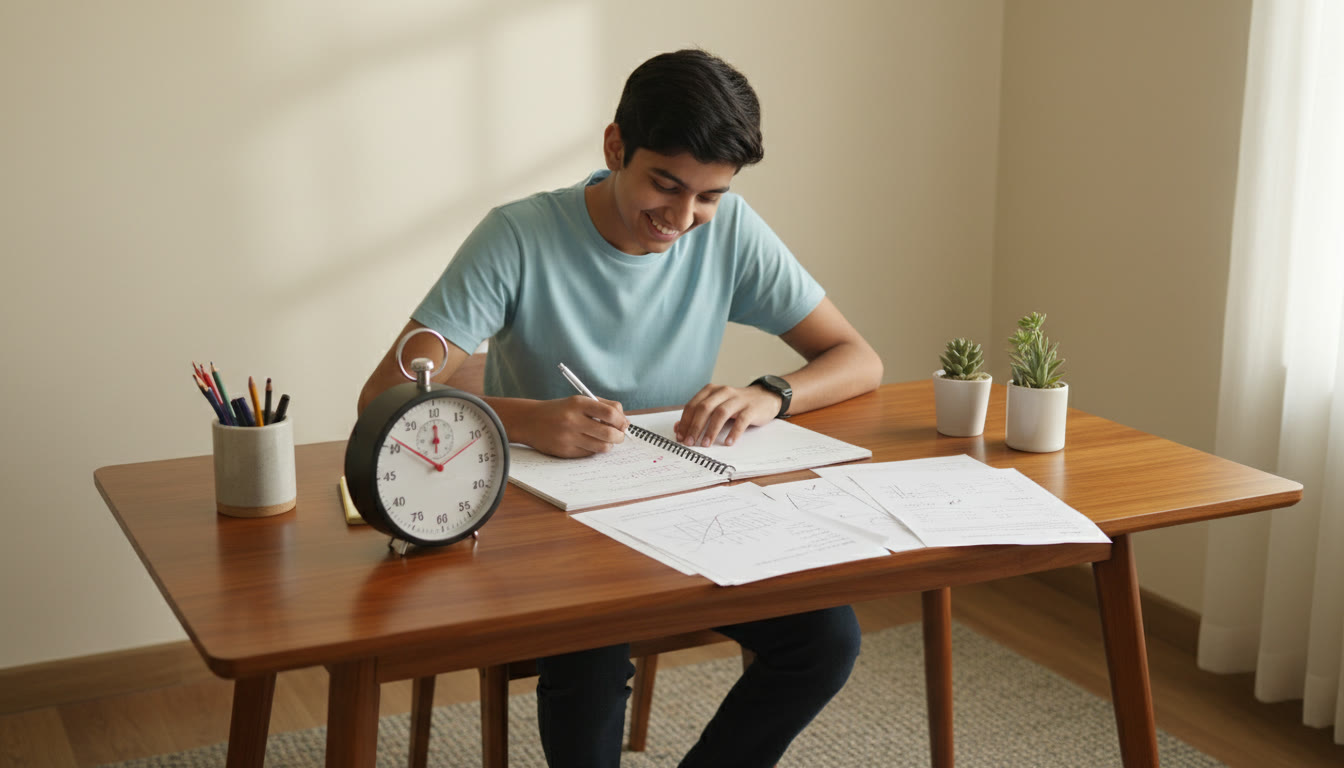 Photo Idea : Teen student practicing a full-length mock exam at a desk with a timer and marked answer sheet