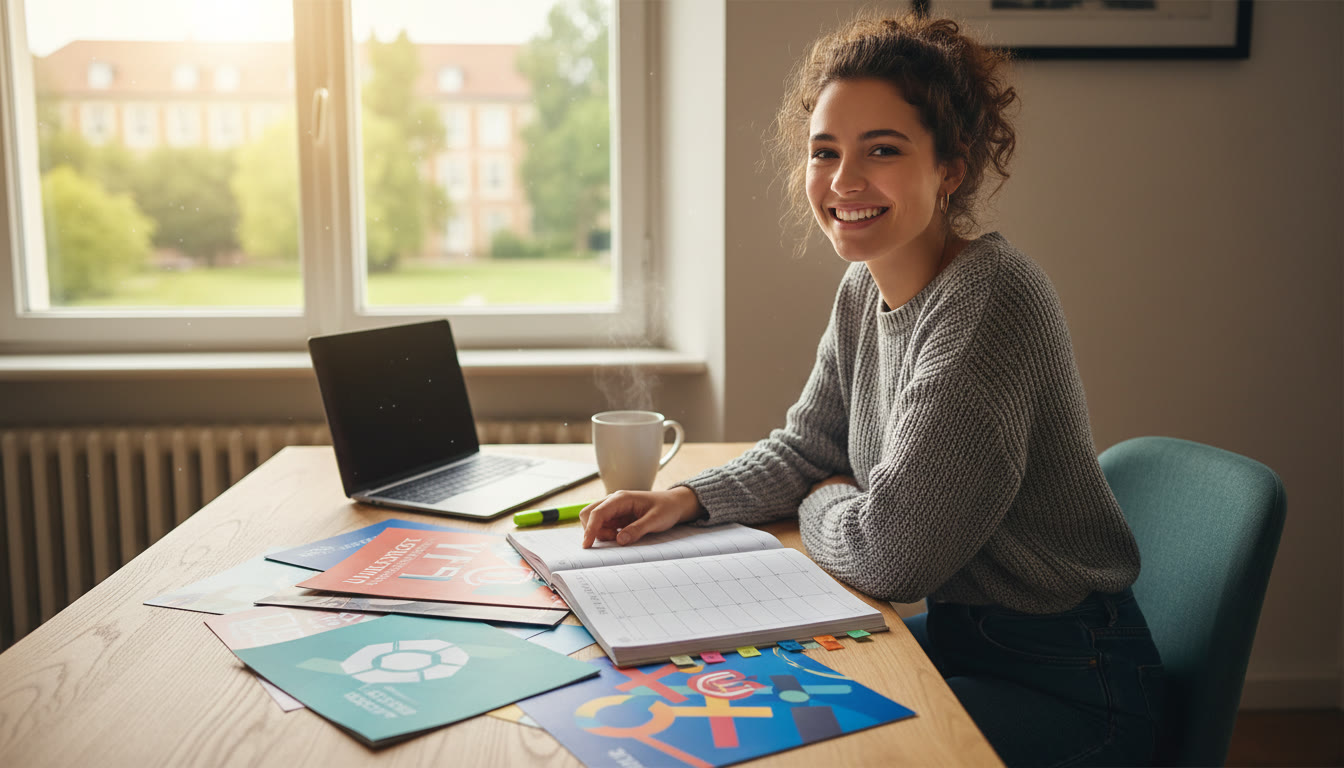 Photo Idea : Student at a desk with college brochures and an open calendar