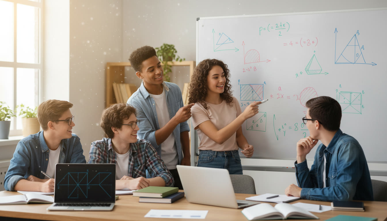 Photo Idea : A small group of students gathered around a whiteboard during an Olympiad coaching session