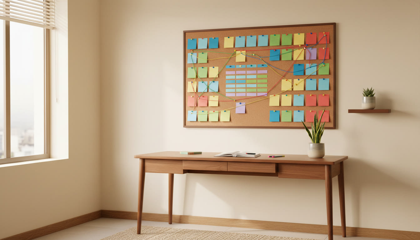 Photo Idea : A revision pinboard with color-coded notes, flashcards, and a weekly timetable