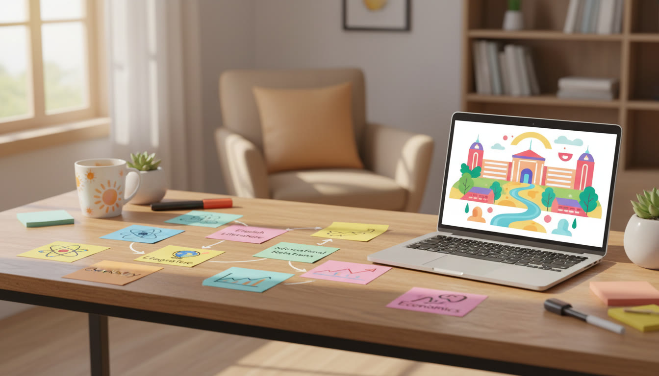 Photo Idea : A study table with subject cards, sticky notes mapping majors, and a laptop open to a university prospectus.