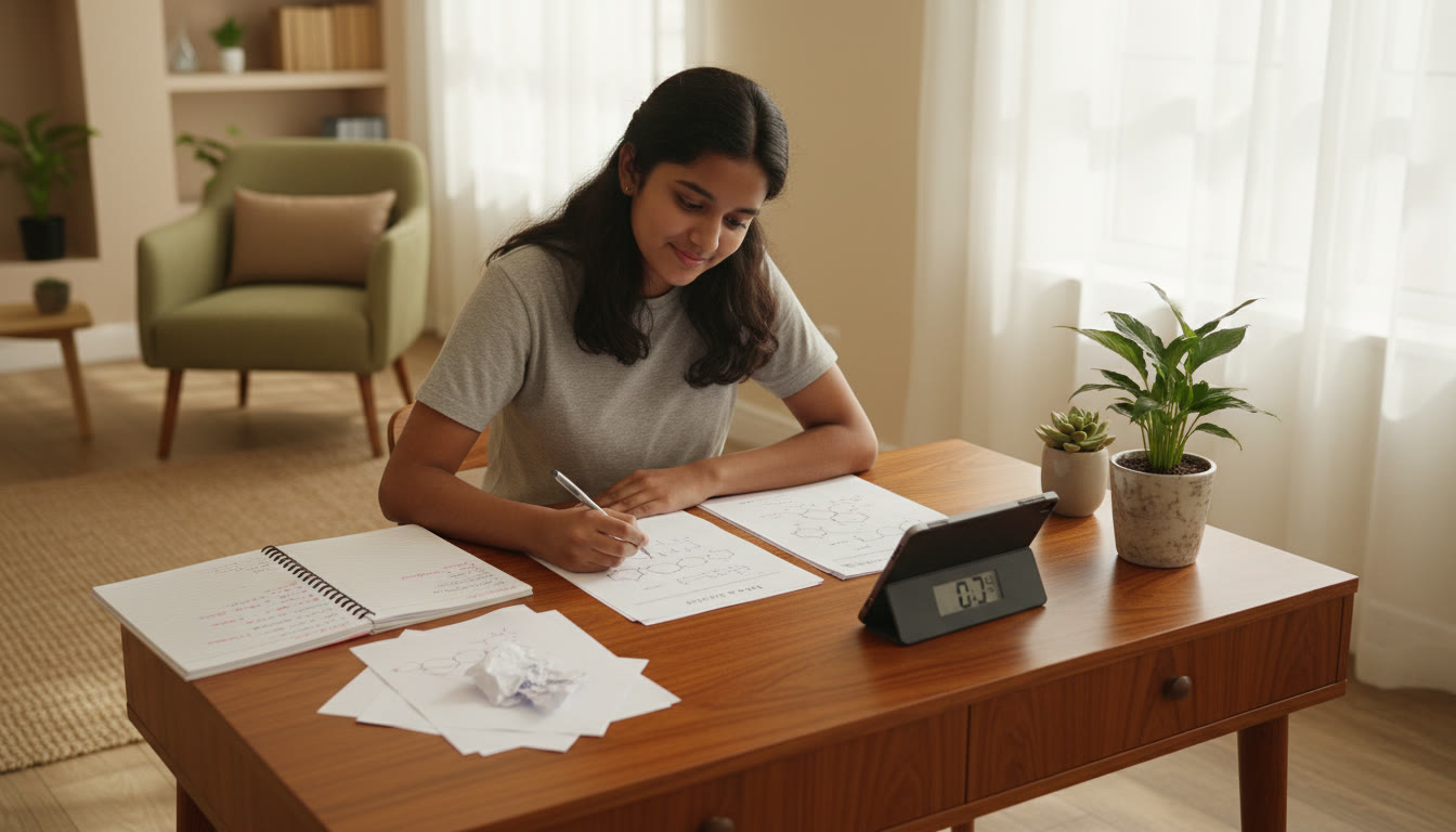 Photo Idea : Student solving timed chemistry mock test with a notebook of corrections nearby