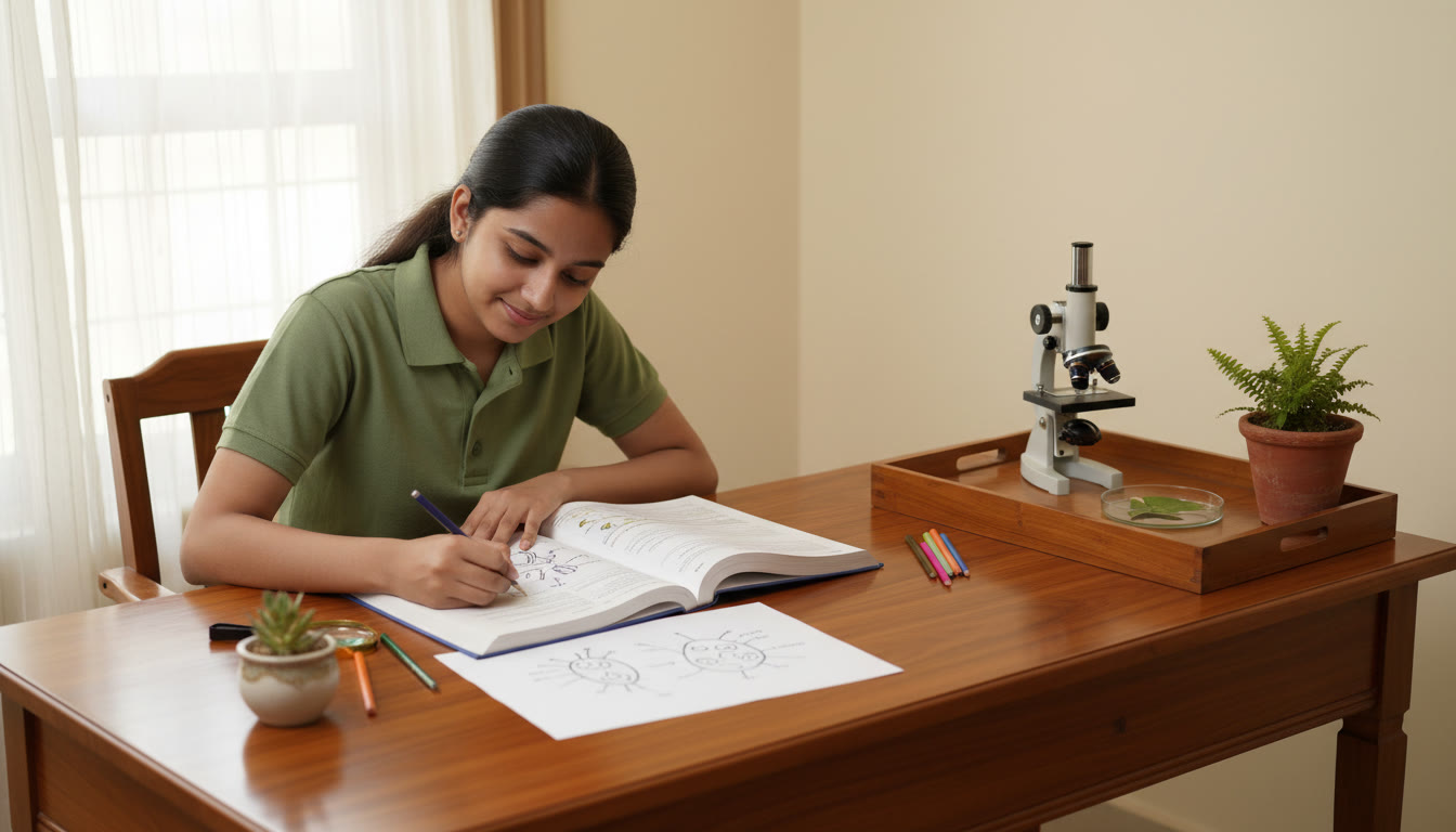 Photo Idea : A student carefully drawing and labelling a biology diagram next to a tidy observation table