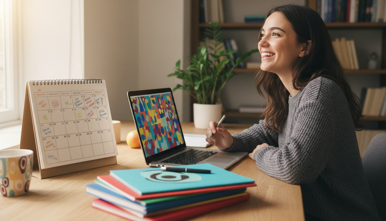Photo Idea : Student at a desk with an open laptop, calendar open beside a pile of IB notebooks