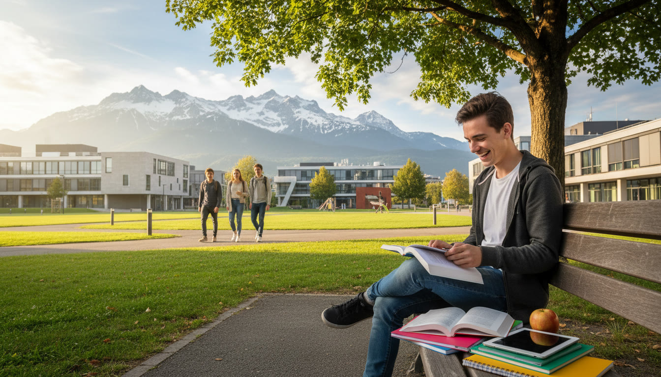 Photo Idea : Student studying outdoors with EPFL campus and Swiss Alps in the background