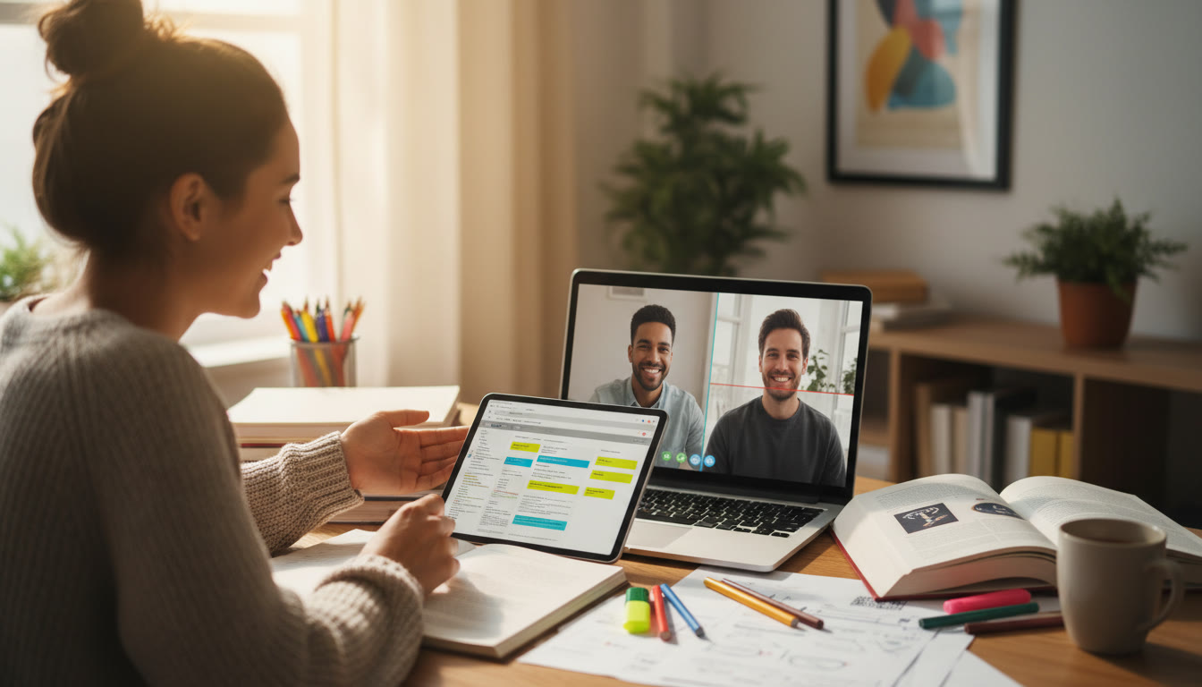 Photo Idea : Student and tutor video call visible on laptop, with notes and highlighted PDF on desk