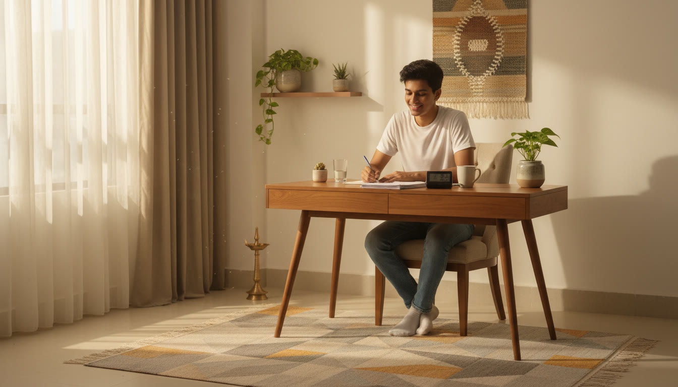 Photo Idea : Student at a tidy desk doing a timed mock test, soft morning light
