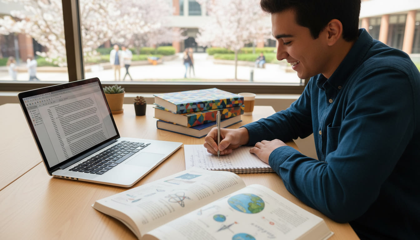 Photo Idea : Student at a desk writing a personal statement with IB textbooks and a laptop