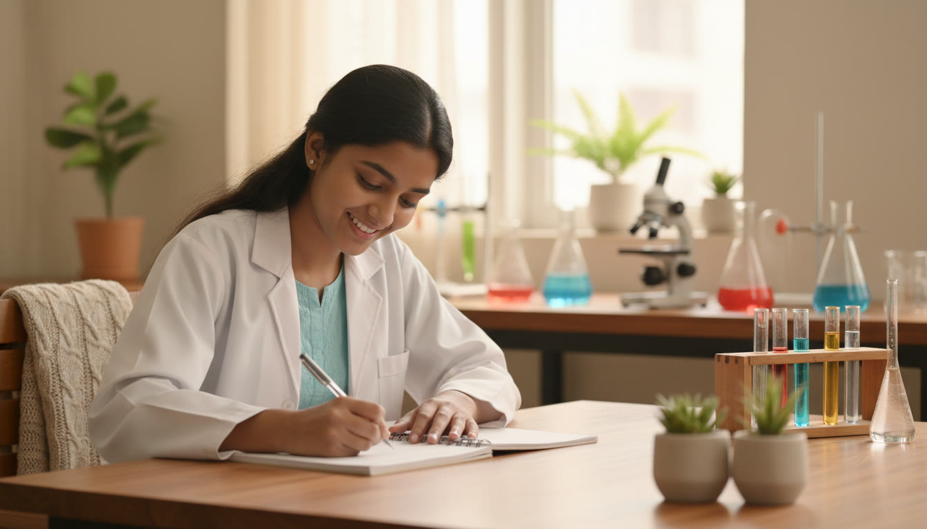 Photo Idea : Student in a science lab writing neatly in a practical notebook with apparatus in the background