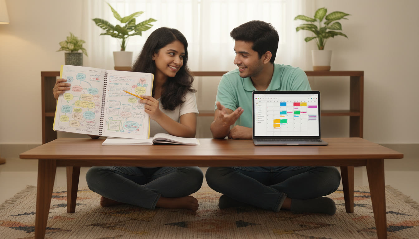Photo Idea : Two students at a study table, one with colorful notes and one with a laptop, comparing study plans