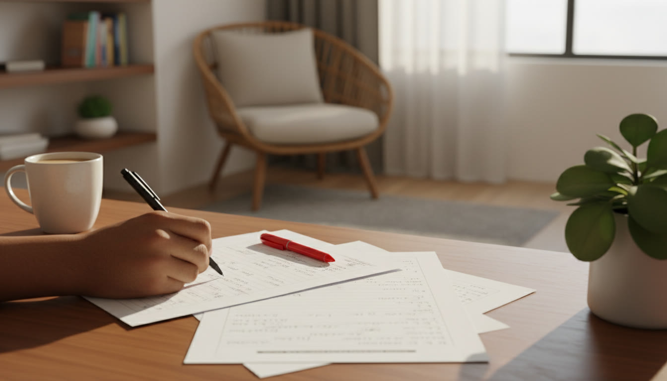 Photo Idea : Close-up of a student marking a mock paper with notes and a red pen nearby