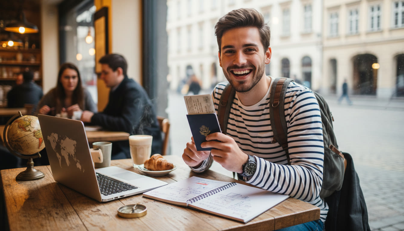 Photo Idea : A smiling IB student sitting at a café table with a passport, notebook, and laptop planning a gap year