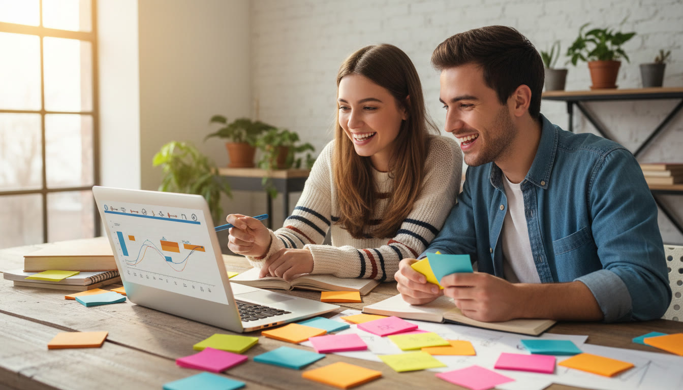 Photo Idea : Two students revising together with colorful sticky notes and a laptop showing a timeline.