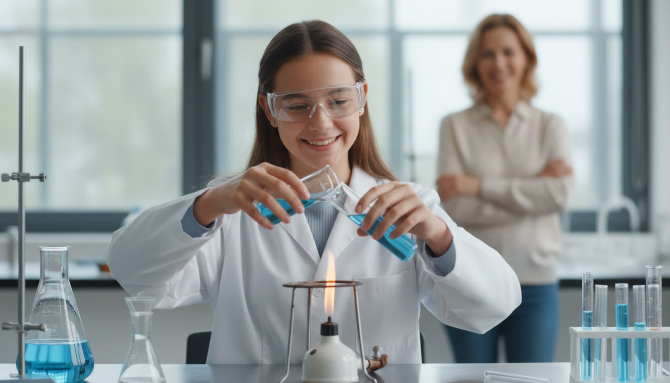 Photo Idea : Teen in a lab coat carefully conducting an experiment while a parent watches supportively in the background