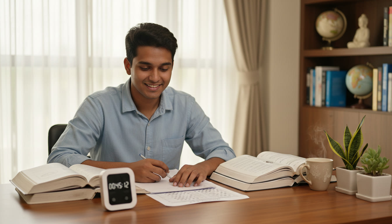Photo Idea : A focused student at a desk with open textbooks, a timer, and an OMR sheet