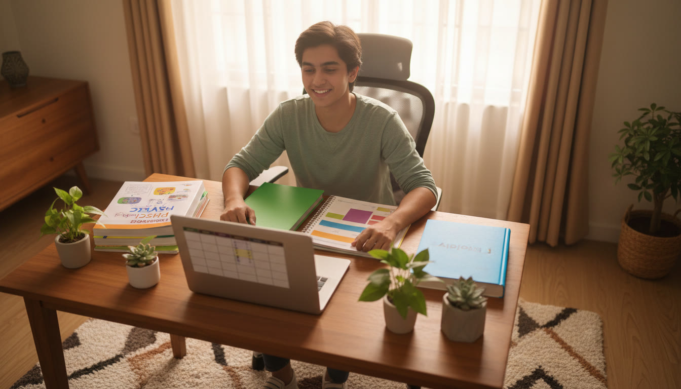 Photo Idea : A focused student at a tidy desk with open Physics, Chemistry, and Biology books, a planner, and a laptop displaying a study timetable.