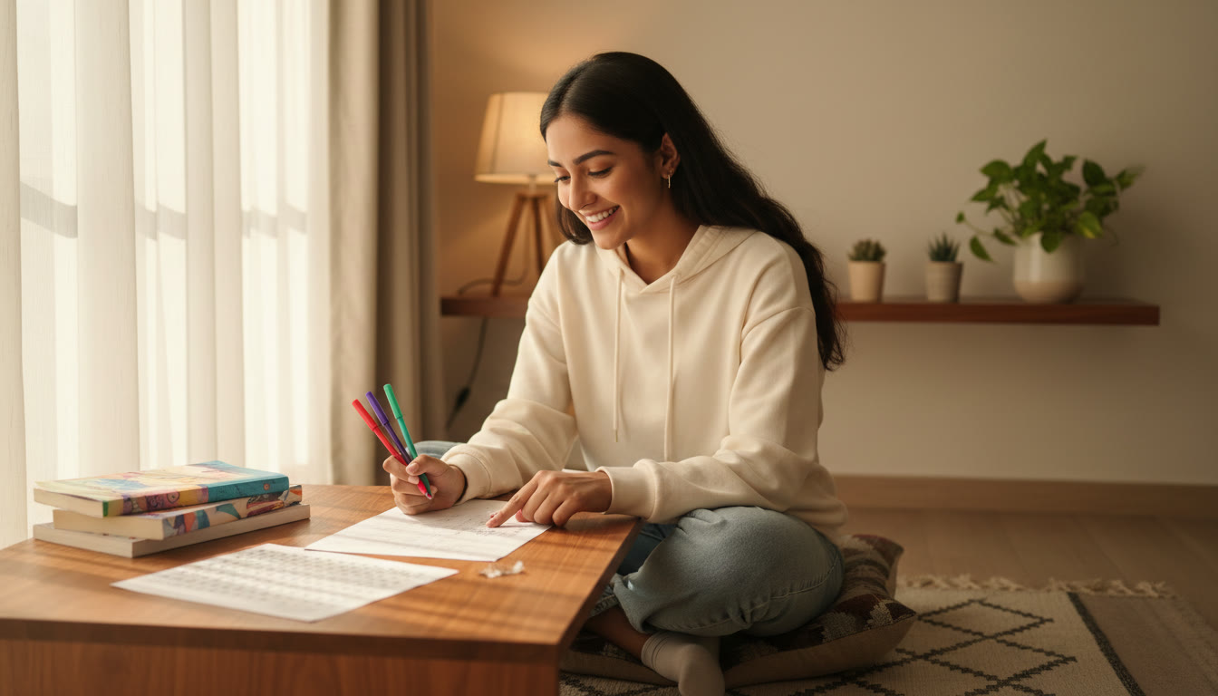 Photo Idea : Student analyzing a mock test paper with colored pens and an OMR sheet nearby