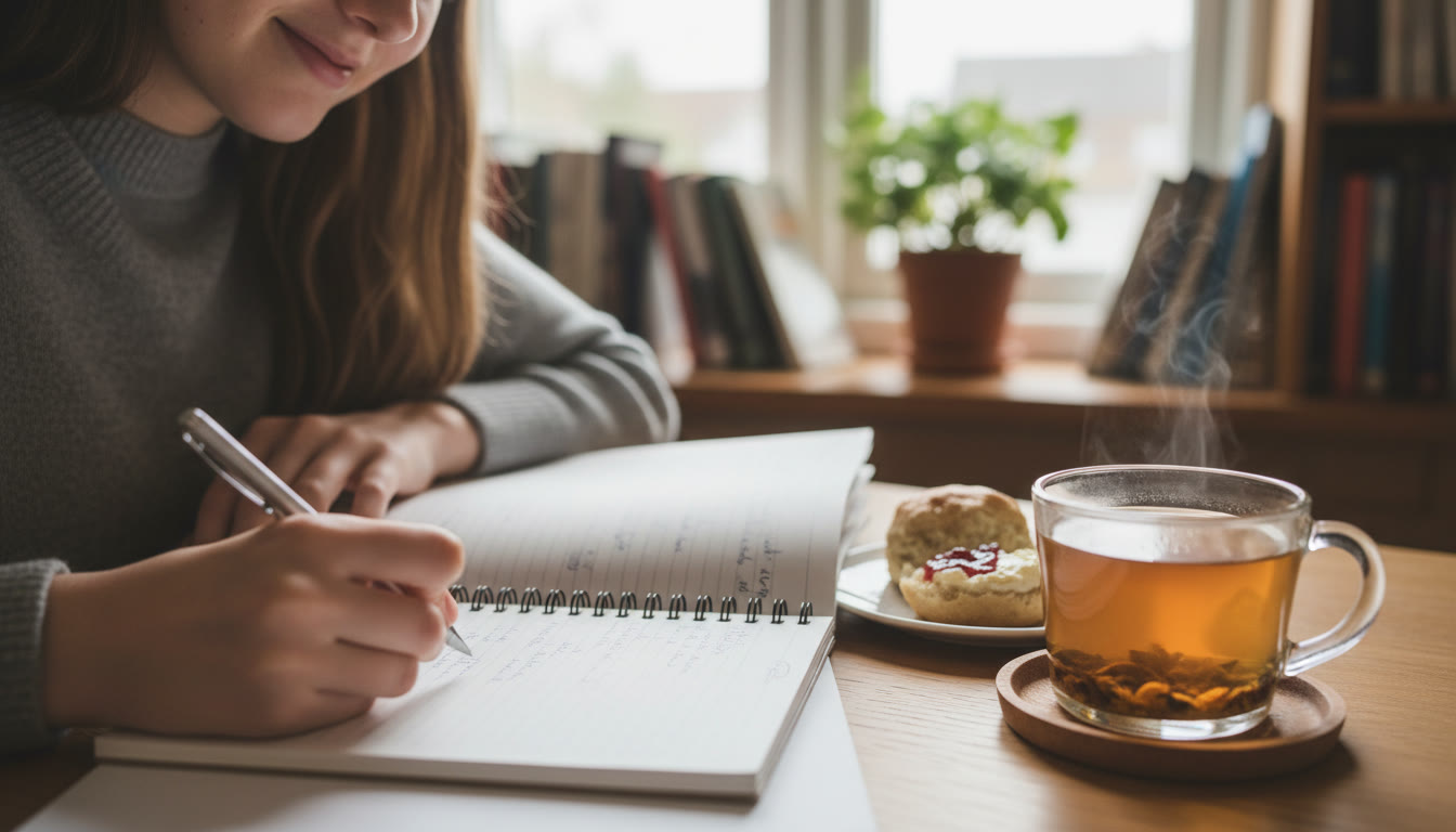 Photo Idea : Close-up of a student writing a reflective CAS journal entry with a cup of tea nearby