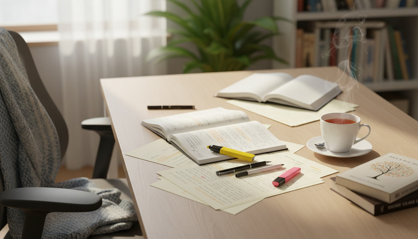 Photo Idea : A calm study desk with annotated drafts, highlighter, and a cup of tea