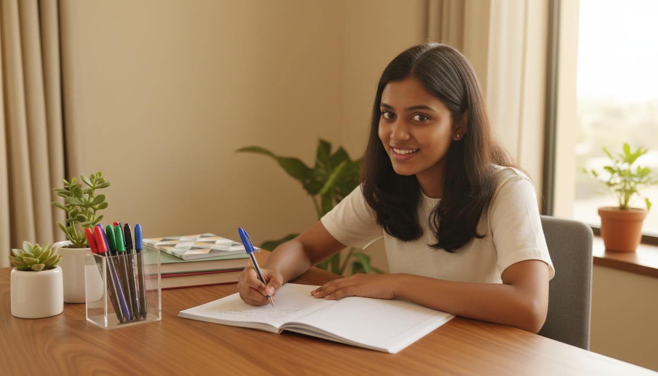 Photo Idea : A student writing in a neat answer booklet with a tidy desk and color-coded pens