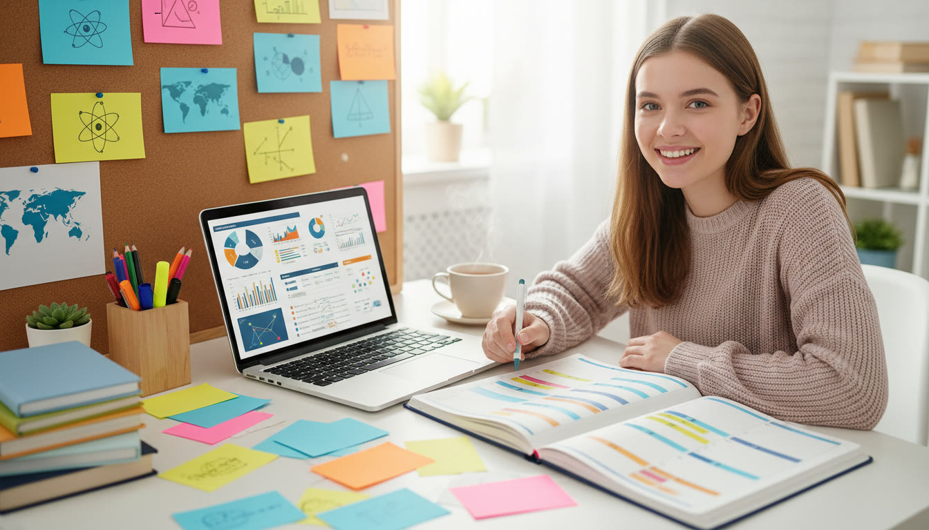 Photo Idea : Student at a tidy desk surrounded by colourful flashcards, a laptop with notes open, and a visible weekly planner