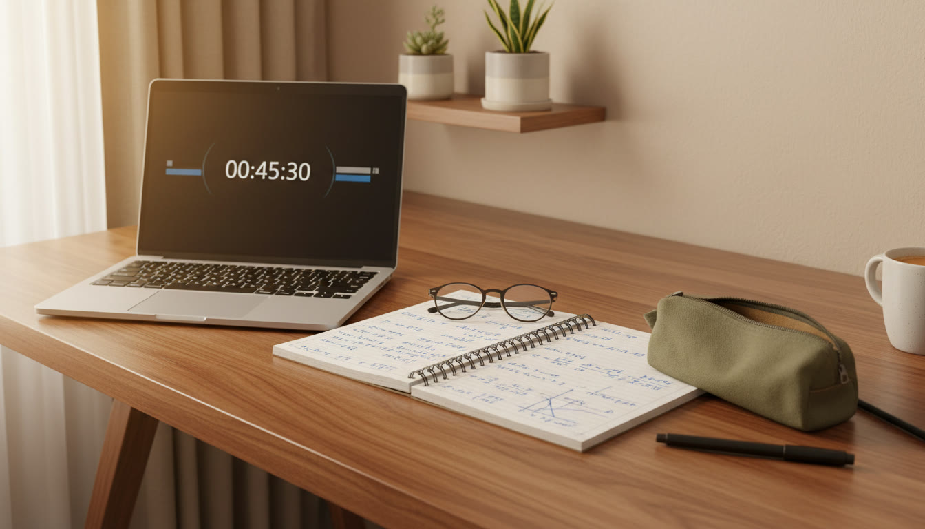 Photo Idea : a mock exam setup with a laptop showing a countdown timer, a notebook with hand-written solutions, and a pencil case