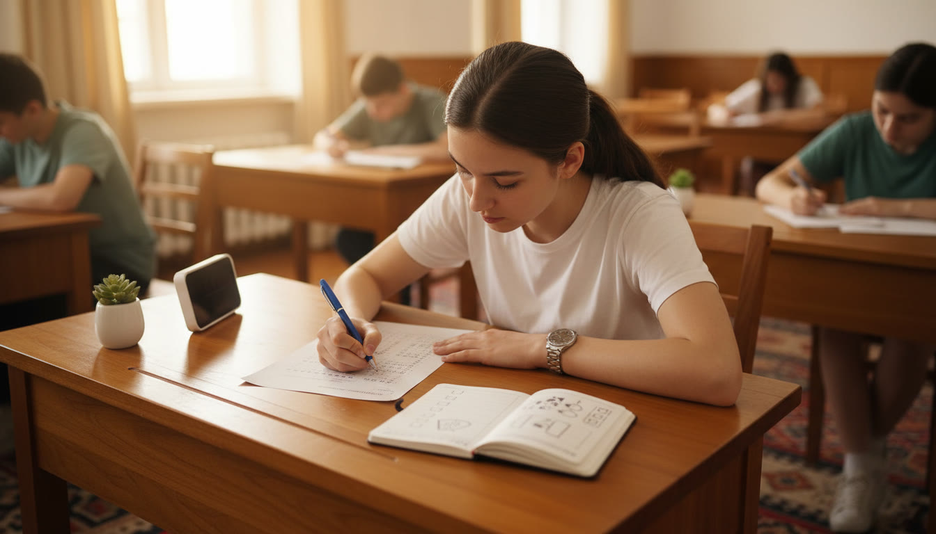 Photo Idea : Student in an examination hall focusing on an answer sheet with a wristwatch and a small checklist on the desk