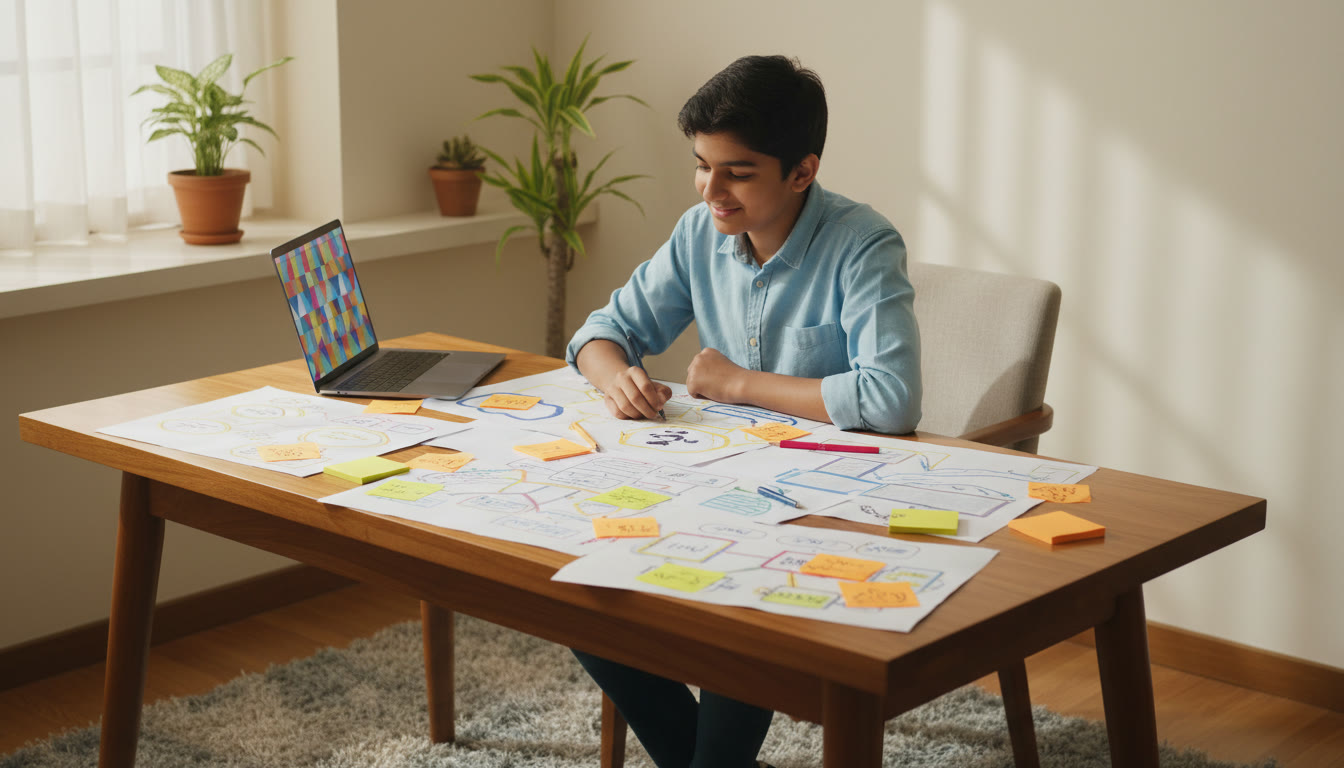 Photo Idea : A focused student at a desk with colored concept maps and sticky notes spread out