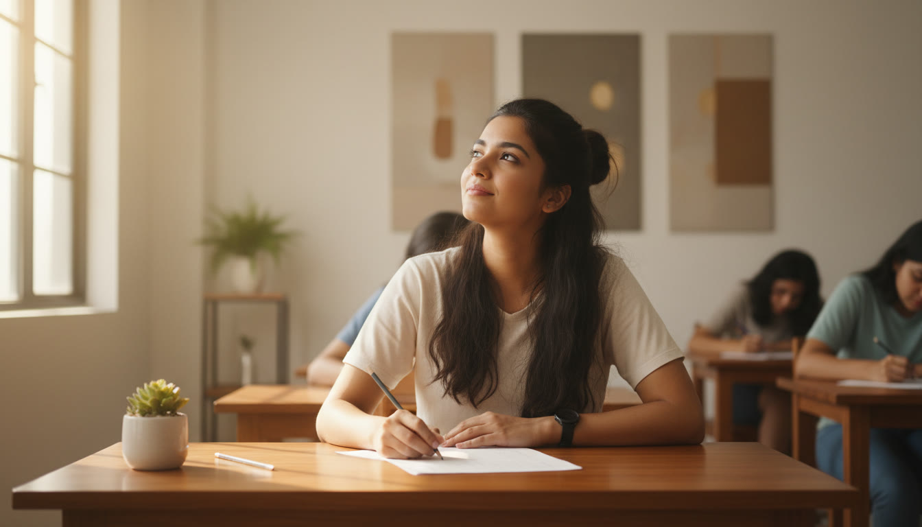 Photo Idea : Student in exam hall taking a calming breath while glancing at an OMR sheet, sunlight on the desk