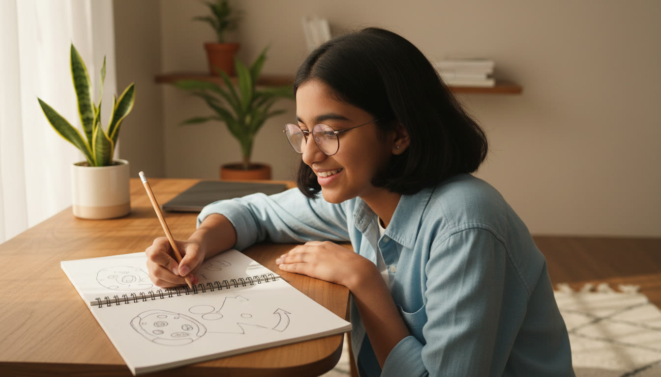 Photo Idea : Close-up of a student sketching a labelled biology diagram in a notebook