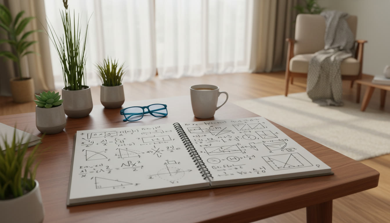 Photo Idea : A student’s open notebook showing a one-page summary sheet of formulas and quick problem sketches