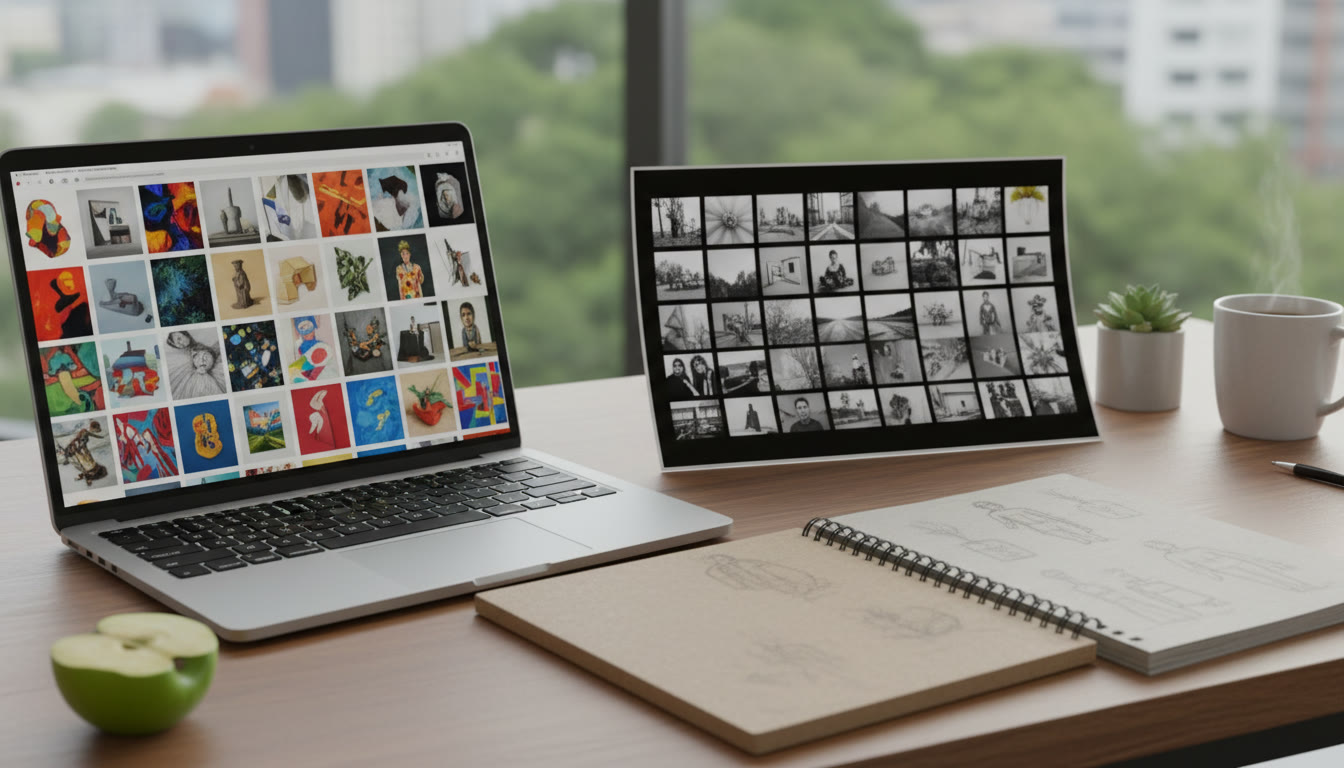 Photo Idea : An open laptop showing a neatly organised online portfolio, with a sketchbook and printed contact sheet beside it.