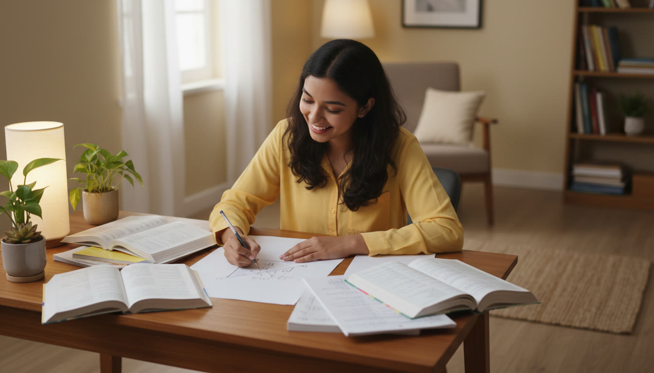 Photo Idea : student drawing a clear free-body diagram at a desk with physics notes spread around