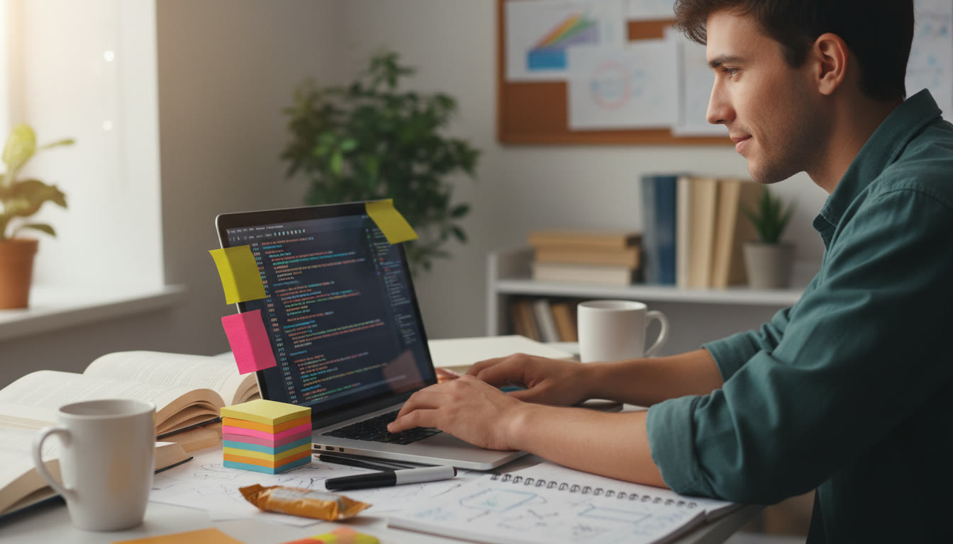 Photo Idea : A focused student at a cluttered desk, laptop open with code visible, sticky notes and a notebook nearby