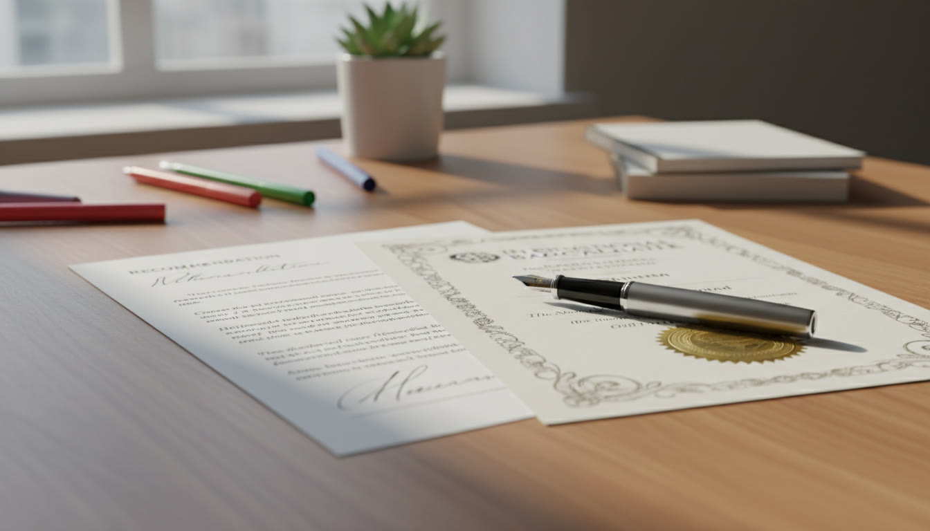Photo Idea : Close-up of a printed recommendation letter beside an IB diploma and a pen on a desk