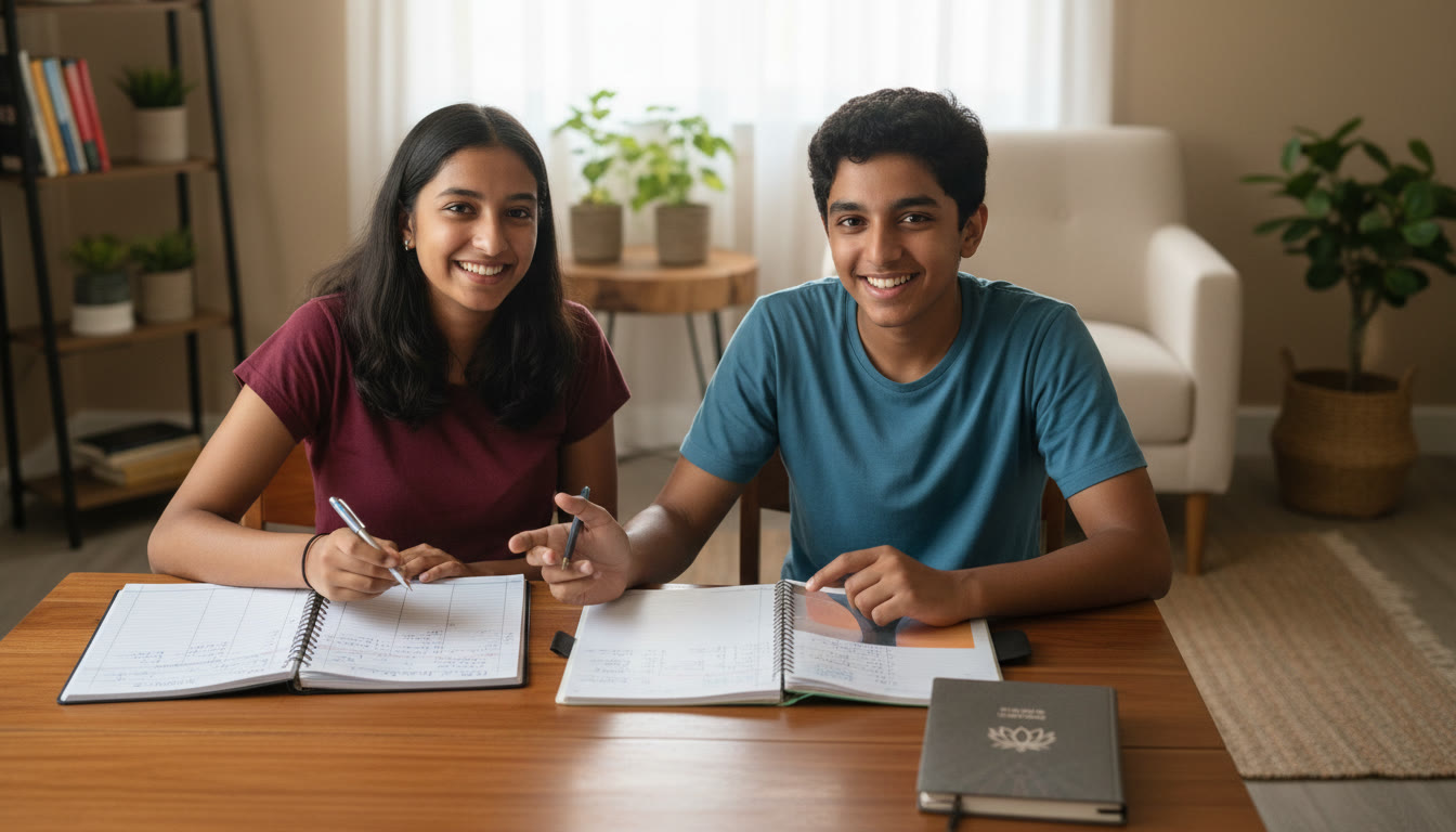 Photo Idea : Two students sitting at a table, comparing neat notes and planners labeled 