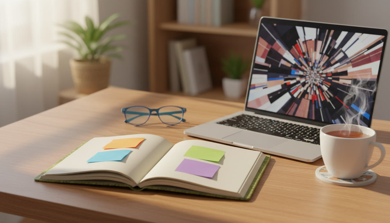 Photo Idea : A student notebook open with colorful sticky notes labeled Try, Commit, Lead, Scale beside a laptop and a cup of tea
