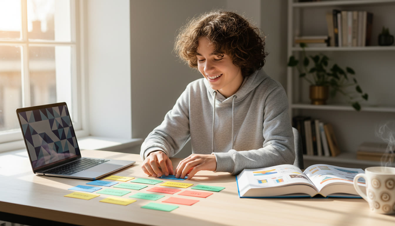 Photo Idea : a student at a desk arranging color-coded index cards beside a laptop and open reference guide