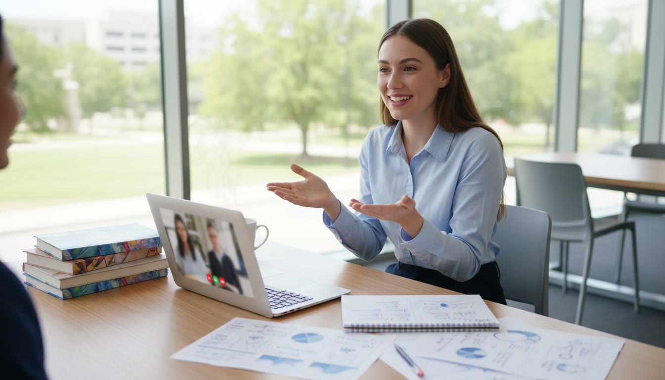 Photo Idea : Student practicing an interview at a desk with IB notes and a laptop