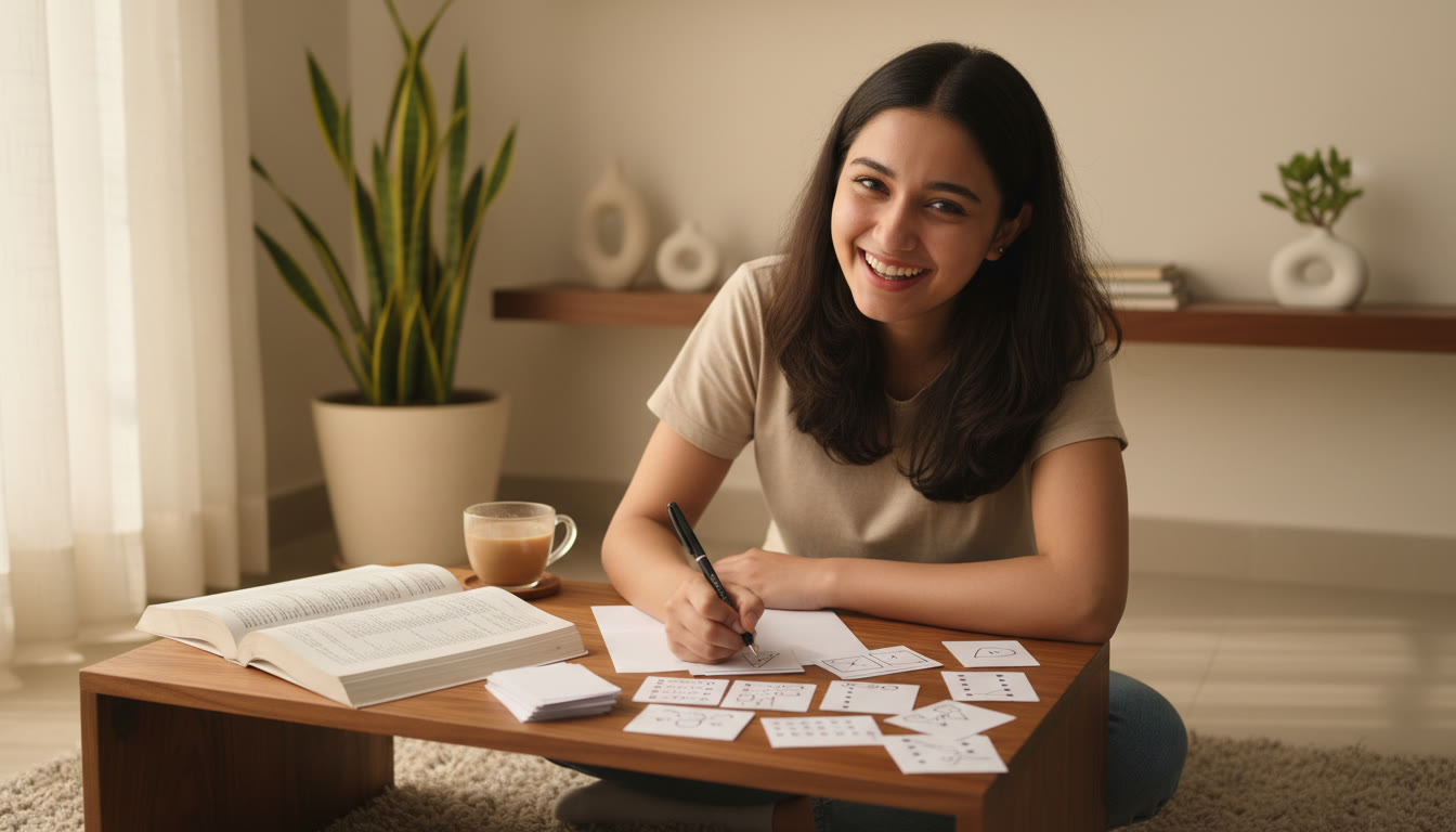 Photo Idea : Student converting textbook lines into handwritten MCQs on flashcards
