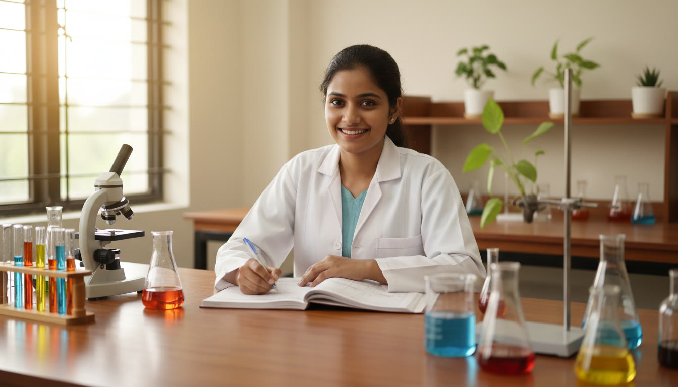 Photo Idea : A student in a science lab writing neatly in a practical record with beakers and instruments in soft focus