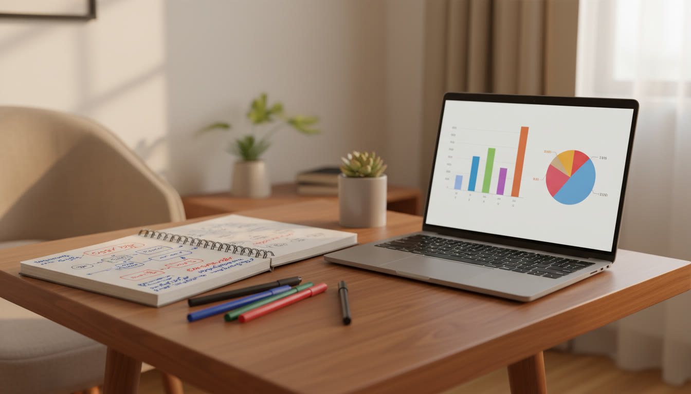 Photo Idea : Open notebook with an error log and colored pens, a laptop showing mock test analytics beside it