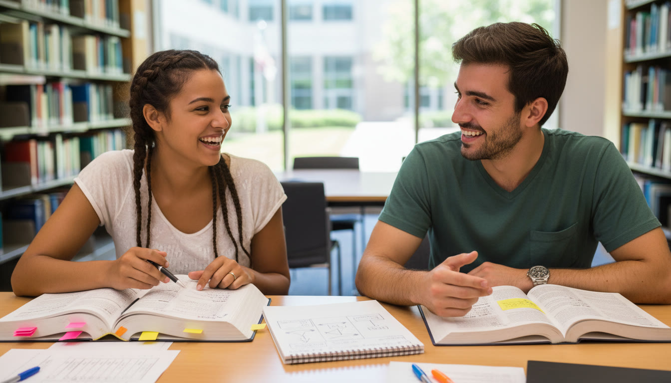 Photo Idea : Two students discussing annotated book pages across a table, with a notebook showing a comparative plan