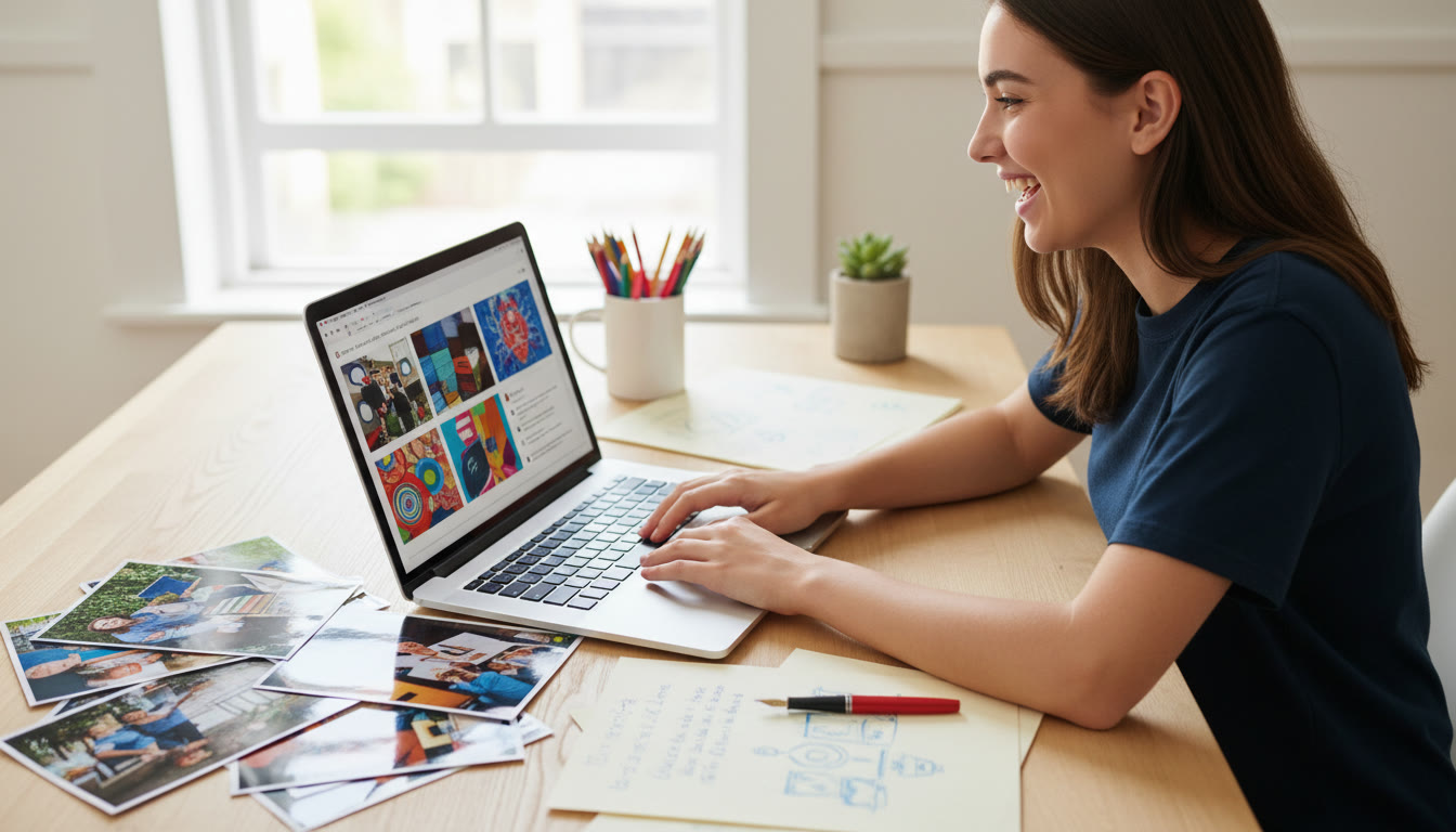 Photo Idea : Student organizing a colourful digital CAS portfolio on a laptop with printed photos and handwritten reflection notes nearby
