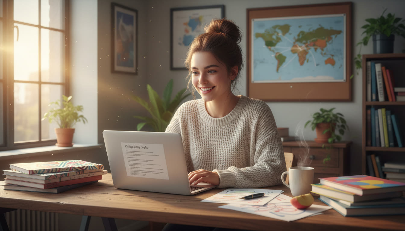 Photo Idea : Student at a desk reviewing college essays with IB materials spread out