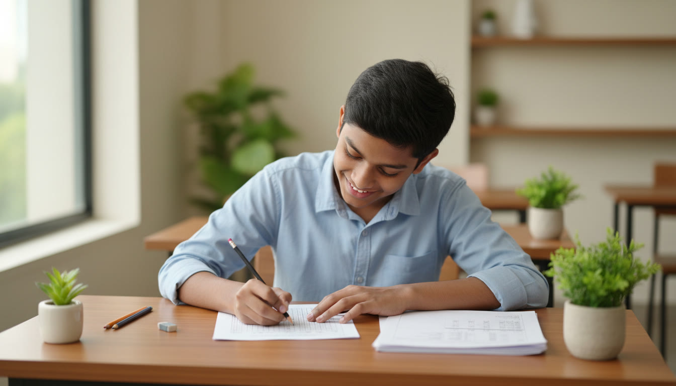 Photo Idea : a student filling an OMR sheet carefully with a pencil at a quiet test-center desk