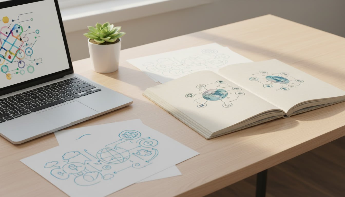 Photo Idea : A clean, organized PDF portfolio laid out beside a laptop and notes