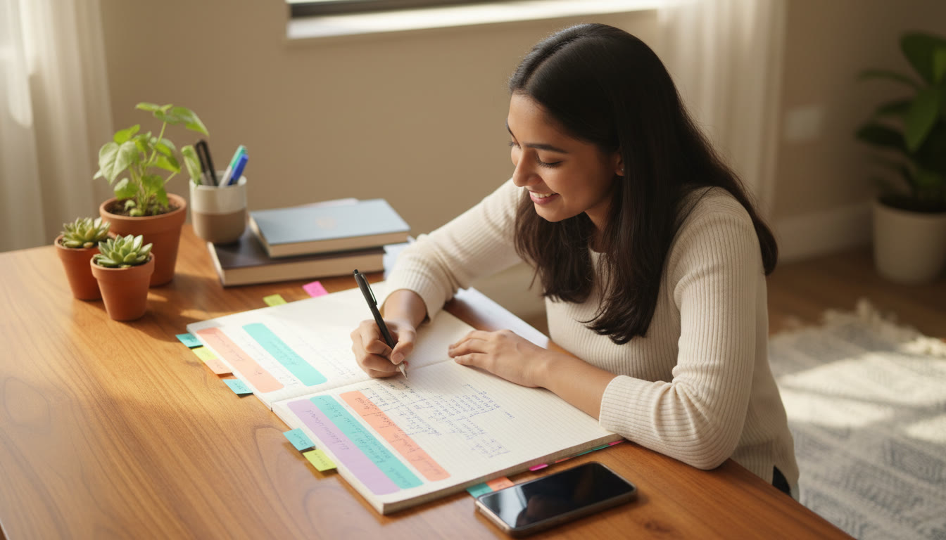 Photo Idea : A student writing neat revision notes with sticky tabs and colourful headings, a smartphone set aside