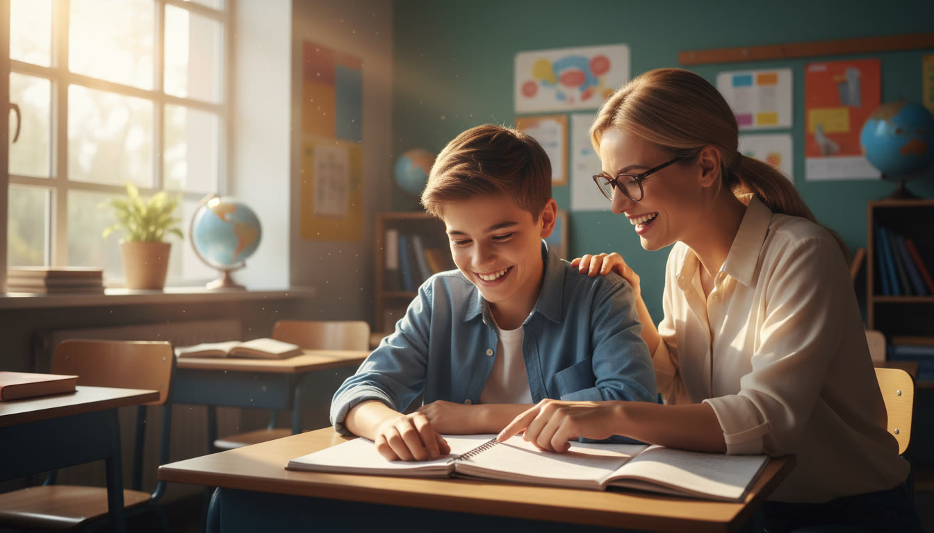 Photo Idea : Student and teacher smiling over a notebook in a sunlit classroom